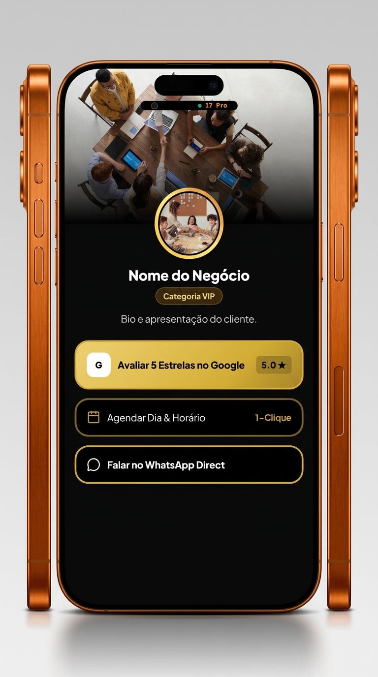 iPhone 17 Pro Max Laranja Cósmico - Vista Frontal e Detalhe de Botões Laterais